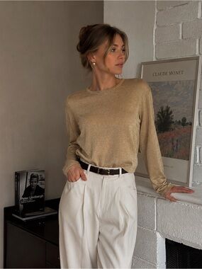 Vintage Sarah B Studio Gold Metallic Silk Blend Sweater – Size M